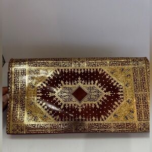 Vintage Elegant Brown Leather and Gold Clutch or Crossbody with Gold Chain Strap